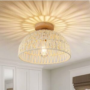 Boho Ceiling Light Fixture Rattan Flush Mount  woven lamp shade